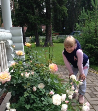 На фото я - Элли и розы, которые мы вырастили с бабулей в саду перед нашим лесным домом.